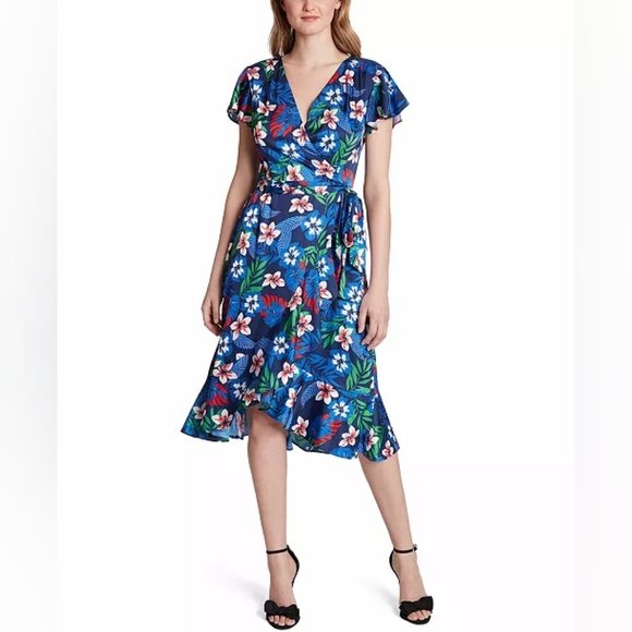 Silky Floral V-Neck Wrap Dress by Tahari - Picture 1 of 16